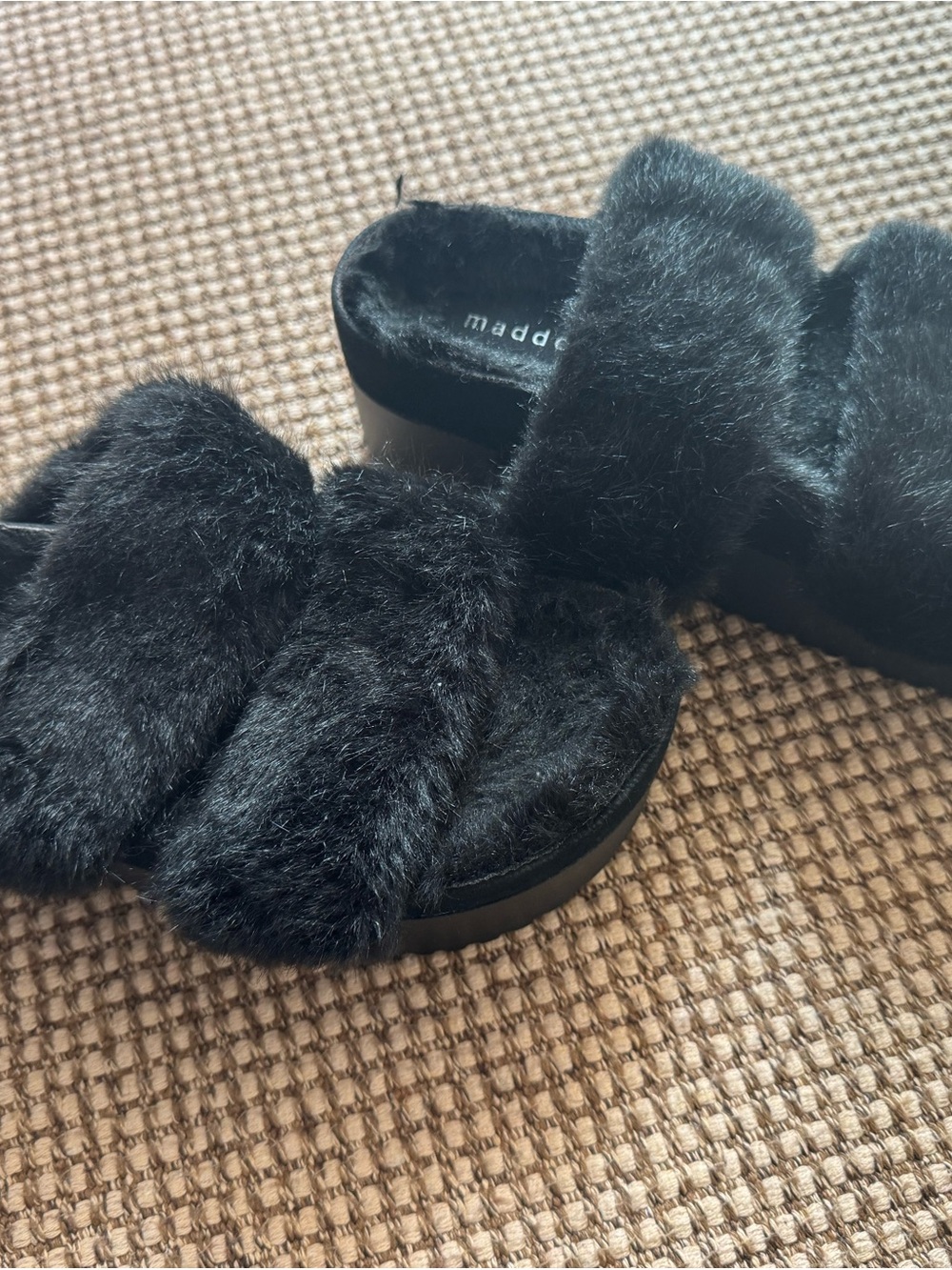 Madden Girl Black Faux-Fur Platform Slides